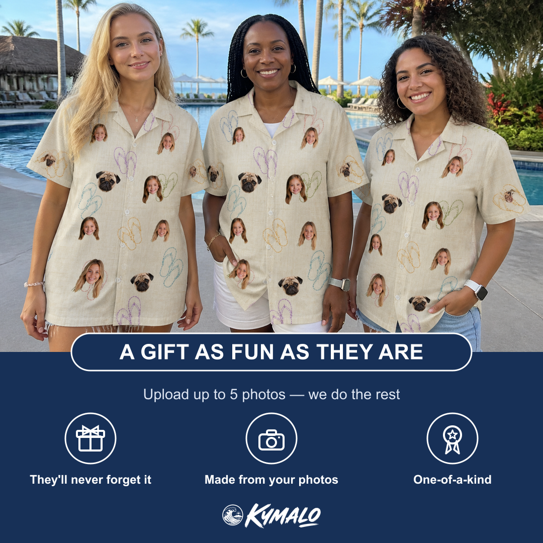 Friends in matching Women's Kin Kicks Custom Face Hawaiian Shirt — a group gift photo
