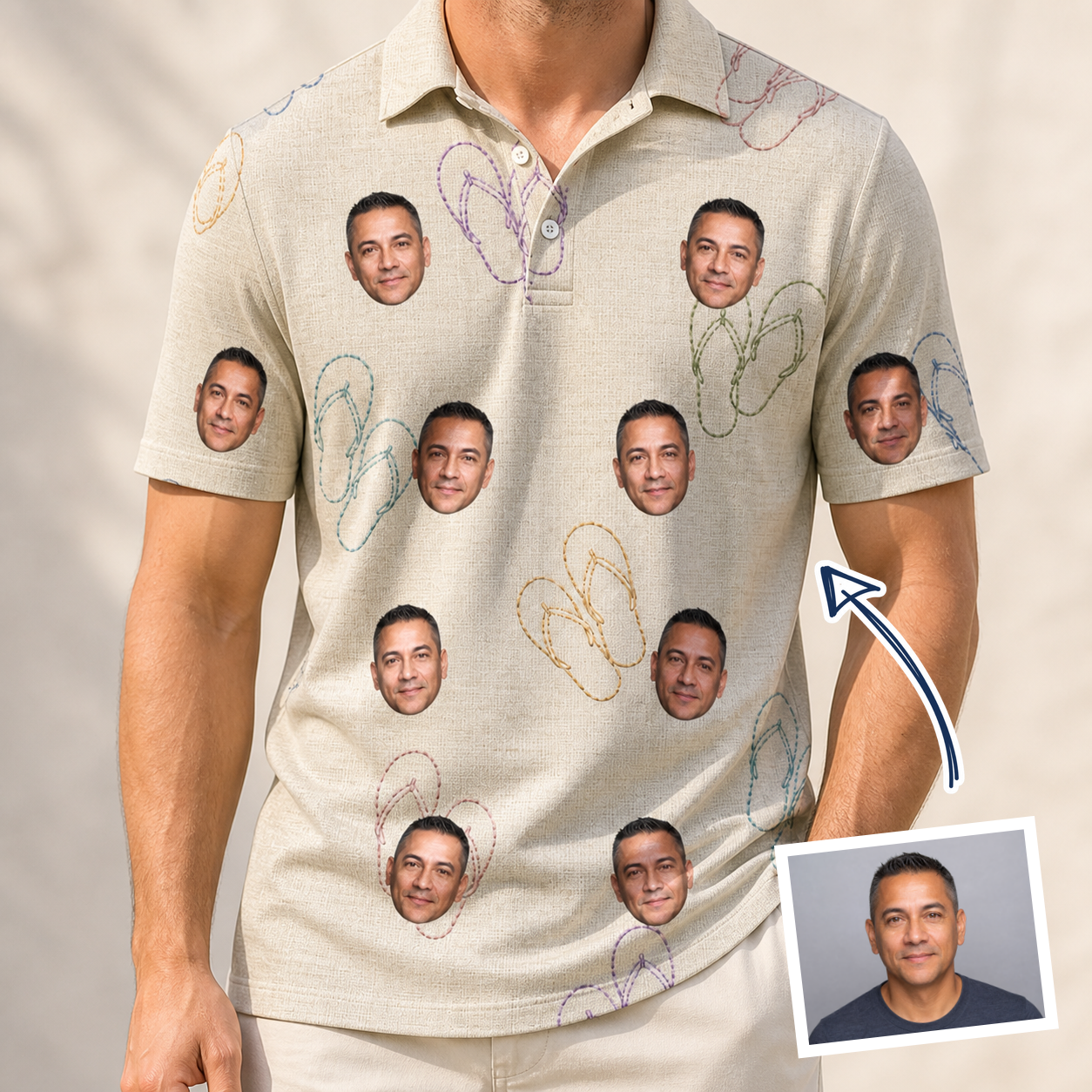 Man wearing Men's Kin Kicks Custom Face Polo Shirt — custom faces printed all-over