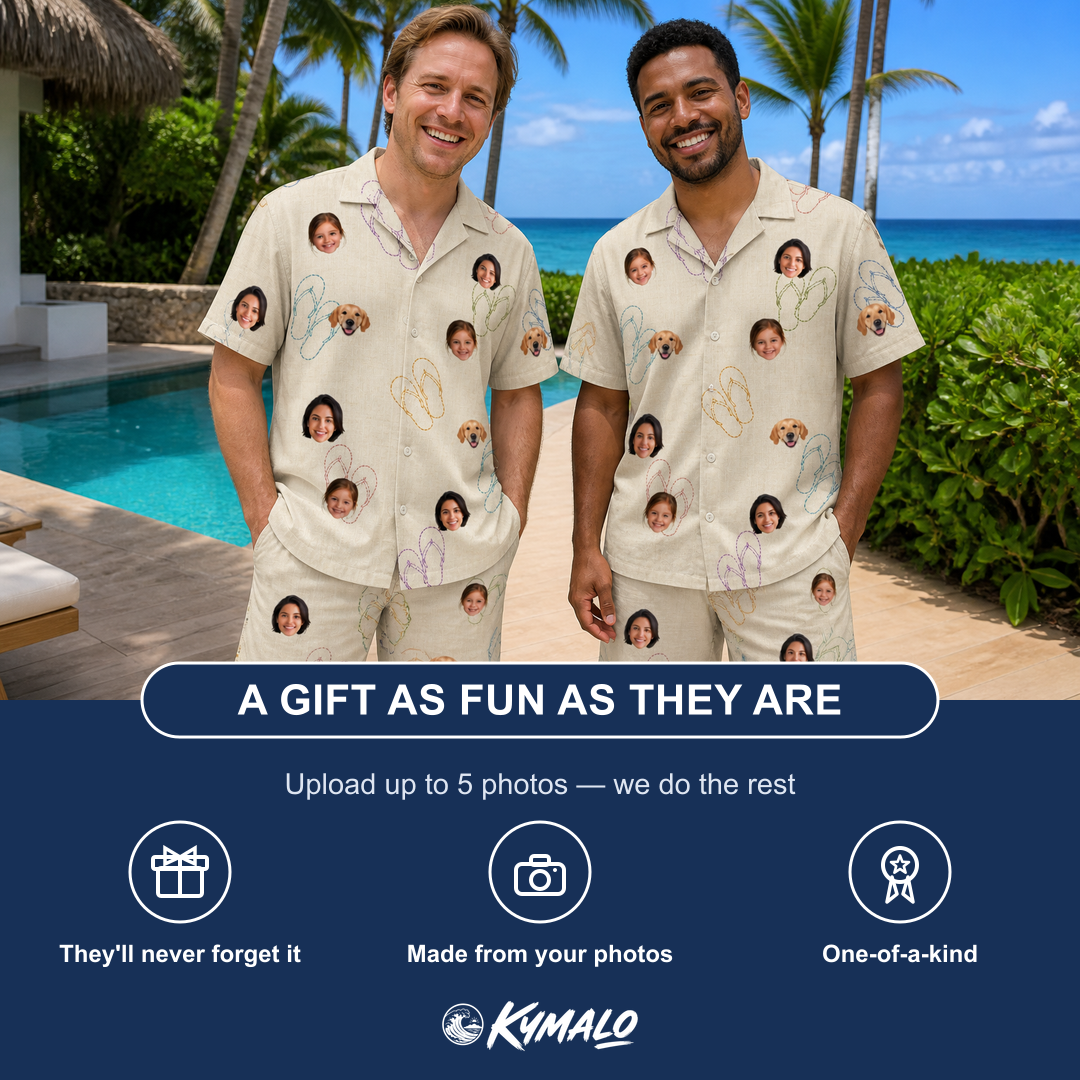 Friends in matching Men's Kin Kicks Custom Face Shirt & Shorts Set — a group gift photo