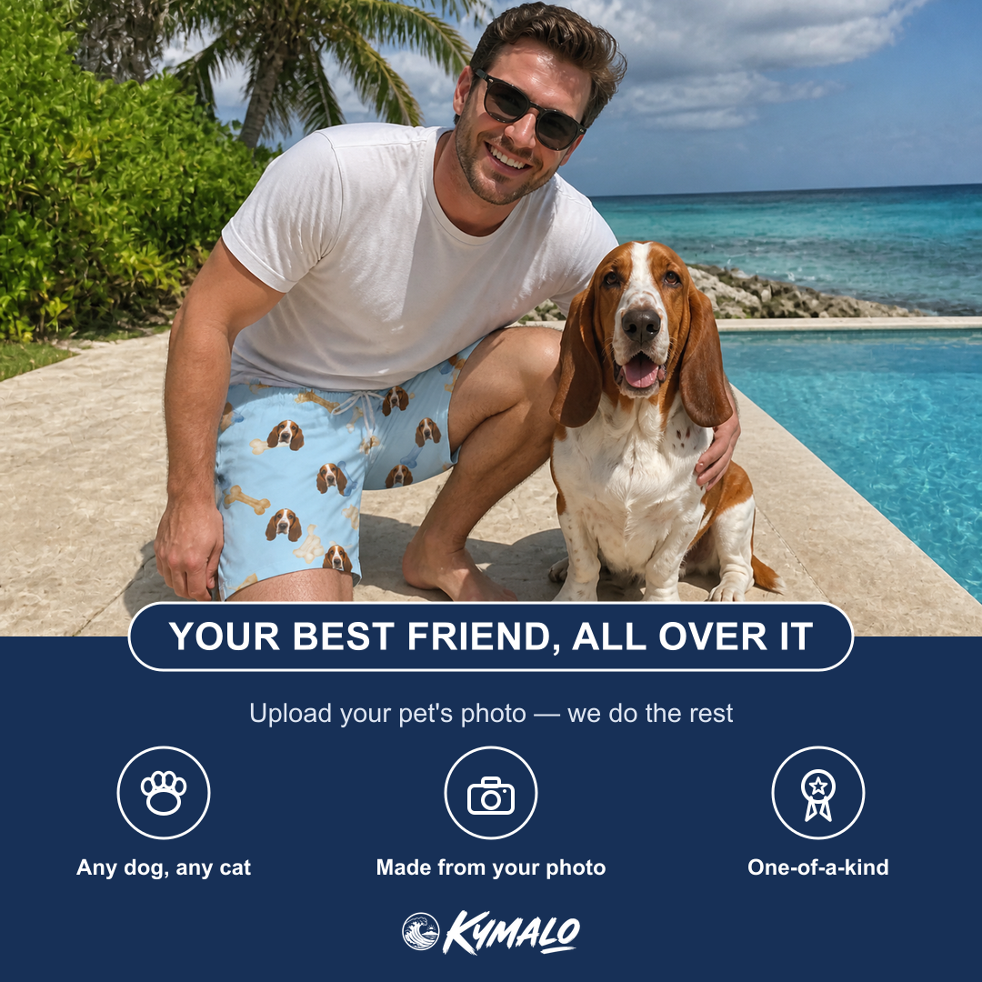 Friends in matching Men's Molar Morsels Custom Dog Face Beach Shorts — a group gift photo