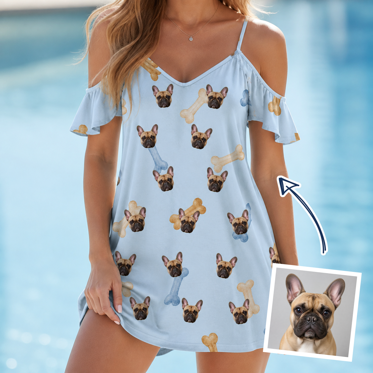Woman wearing Women's Molar Morsels Custom Dog Face Off-Shoulder Dress — custom faces printed all-over