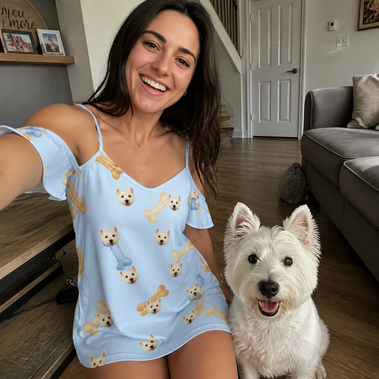 Selfie with the pet whose face is printed all over this Women's Molar Morsels Custom Dog Face Off-Shoulder Dress