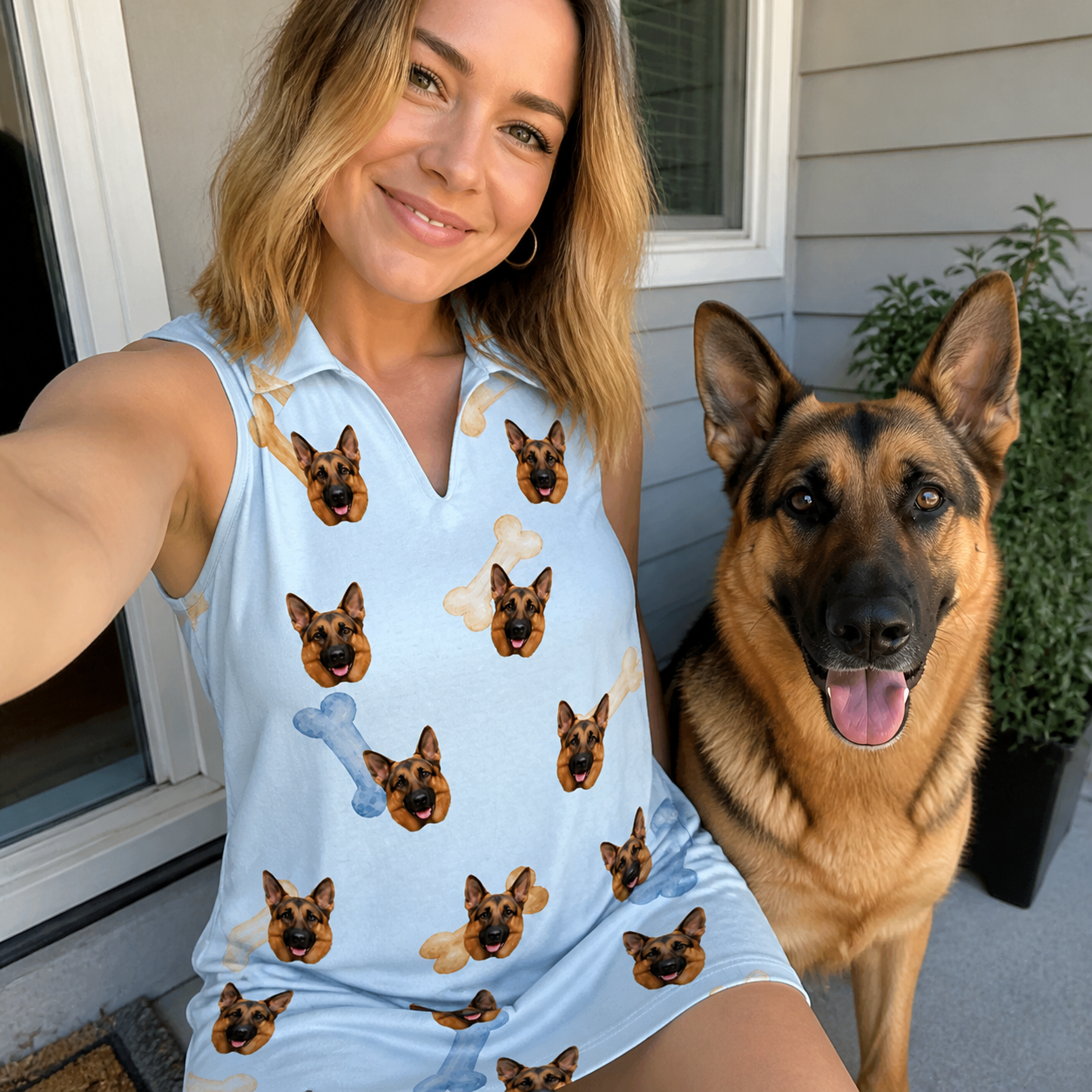 Selfie with the pet whose face is printed all over this Women's Molar Morsels Custom Dog Face V-Neck Dress
