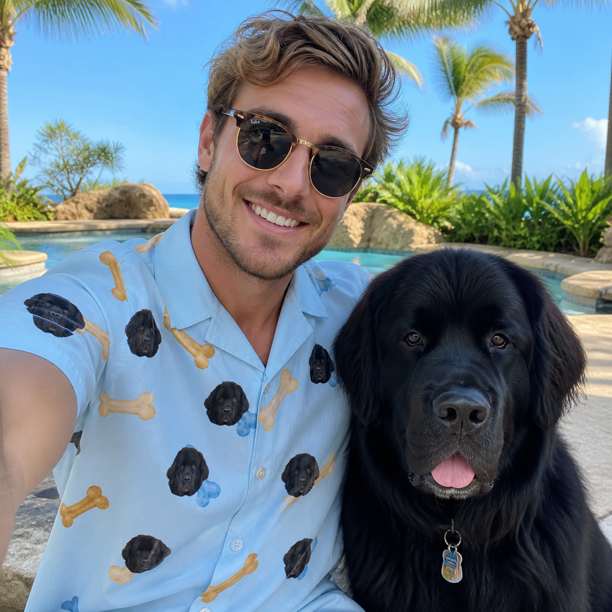 Selfie with the pet whose face is printed all over this Men's Molar Morsels Custom Dog Face Hawaiian Shirt