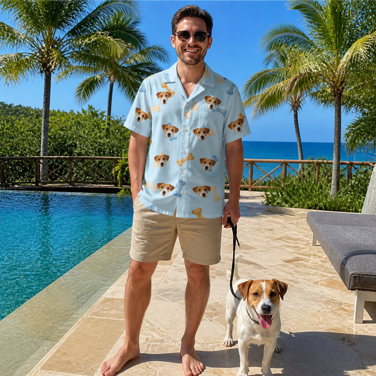 Full-length photo with the pet printed all over this Men's Molar Morsels Custom Dog Face Hawaiian Shirt