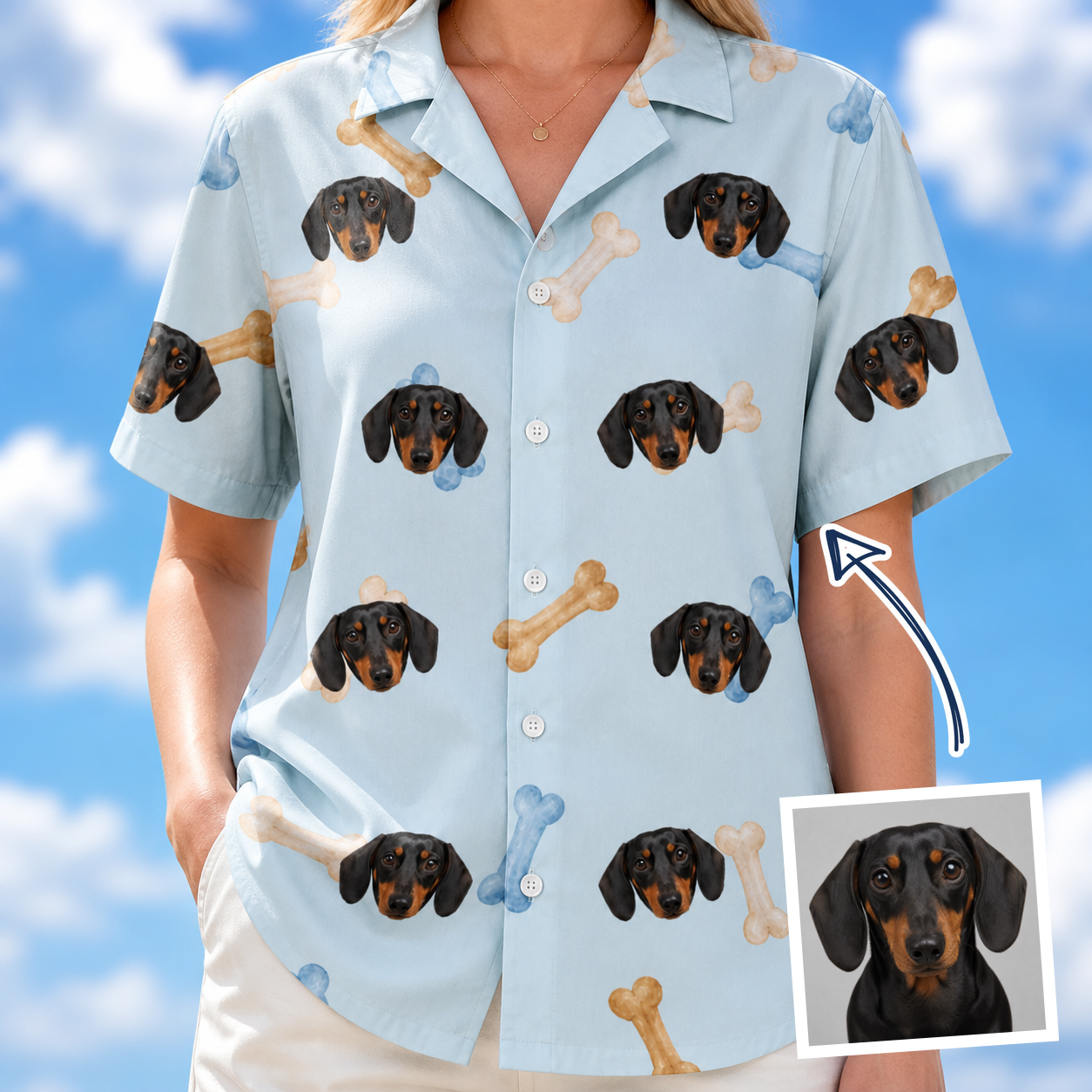 Woman wearing Women's Molar Morsels Custom Dog Face Hawaiian Shirt — custom faces printed all-over