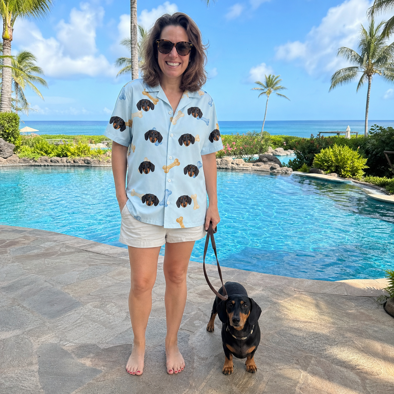 Full-length photo with the pet printed all over this Women's Molar Morsels Custom Dog Face Hawaiian Shirt