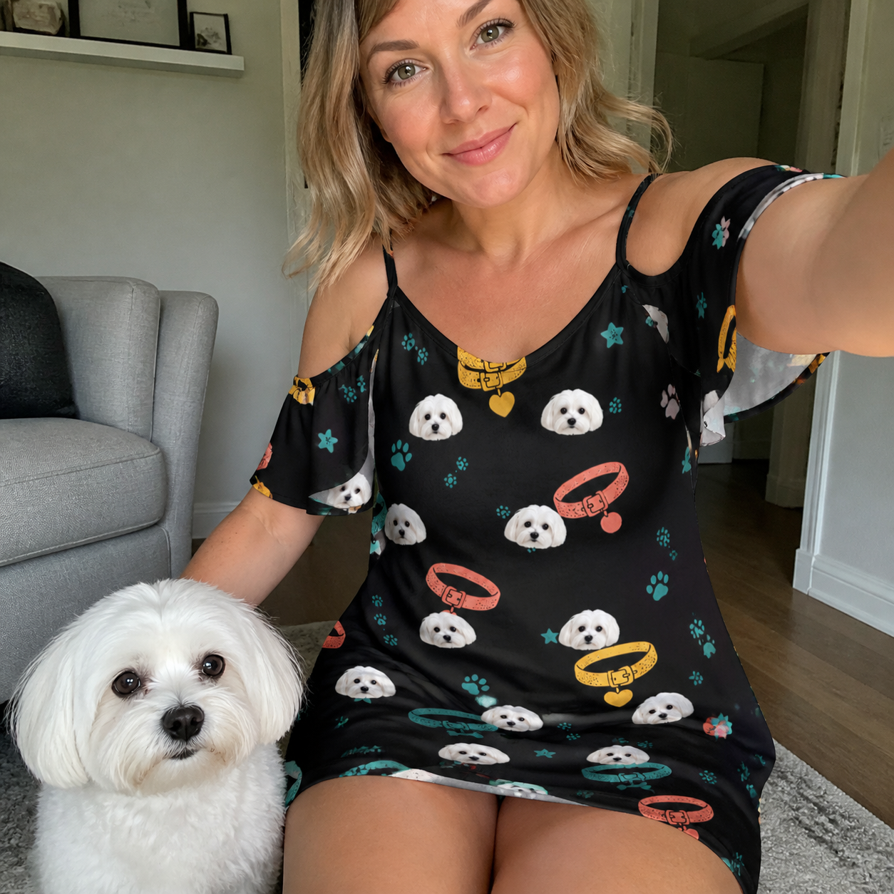 Selfie with the pet whose face is printed all over this Women's Bark Buckles Custom Dog Face Off-Shoulder Dress