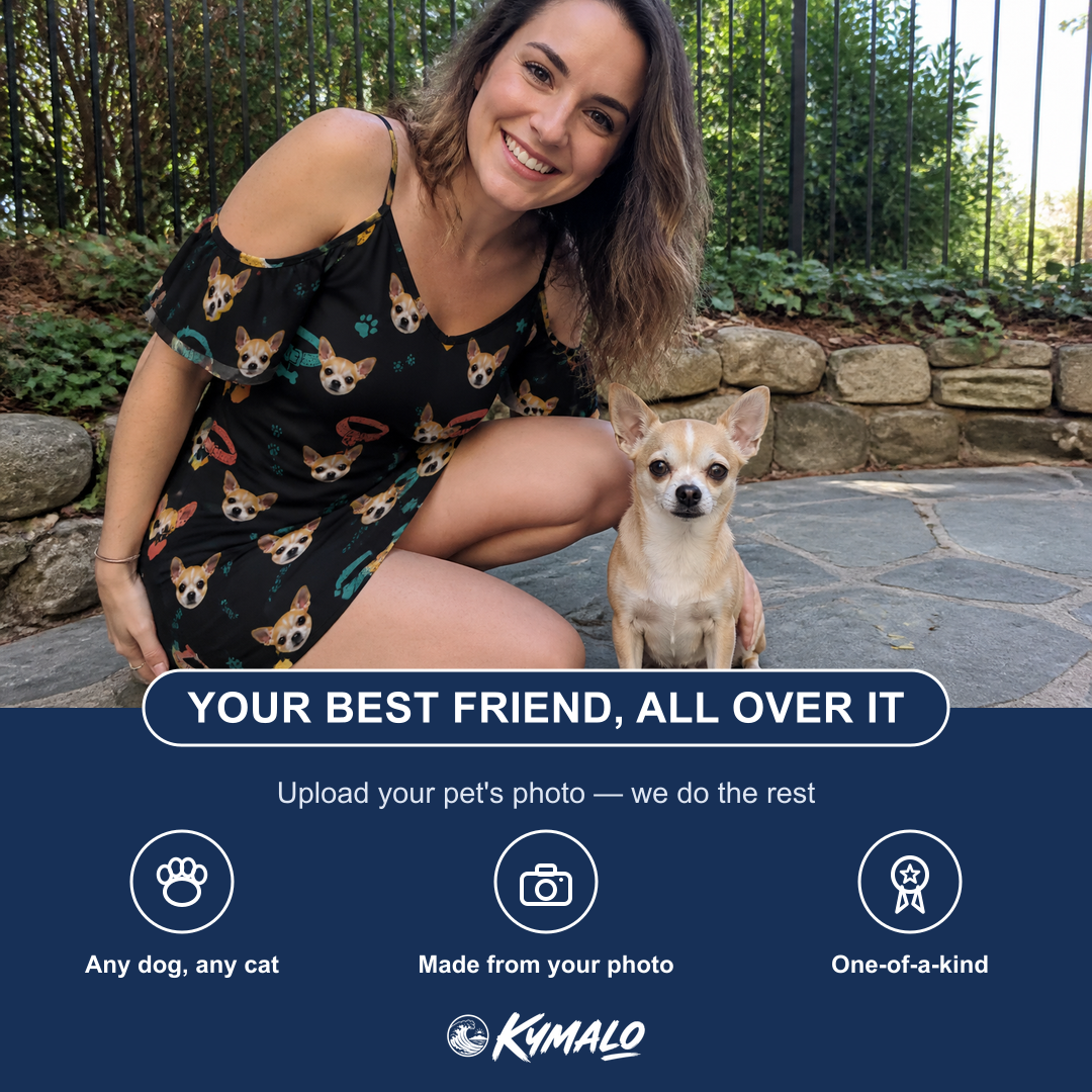 Friends in matching Women's Bark Buckles Custom Dog Face Off-Shoulder Dress — a group gift photo