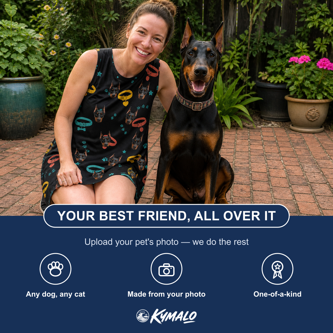 Friends in matching Women's Bark Buckles Custom Dog Face Tank Dress — a group gift photo