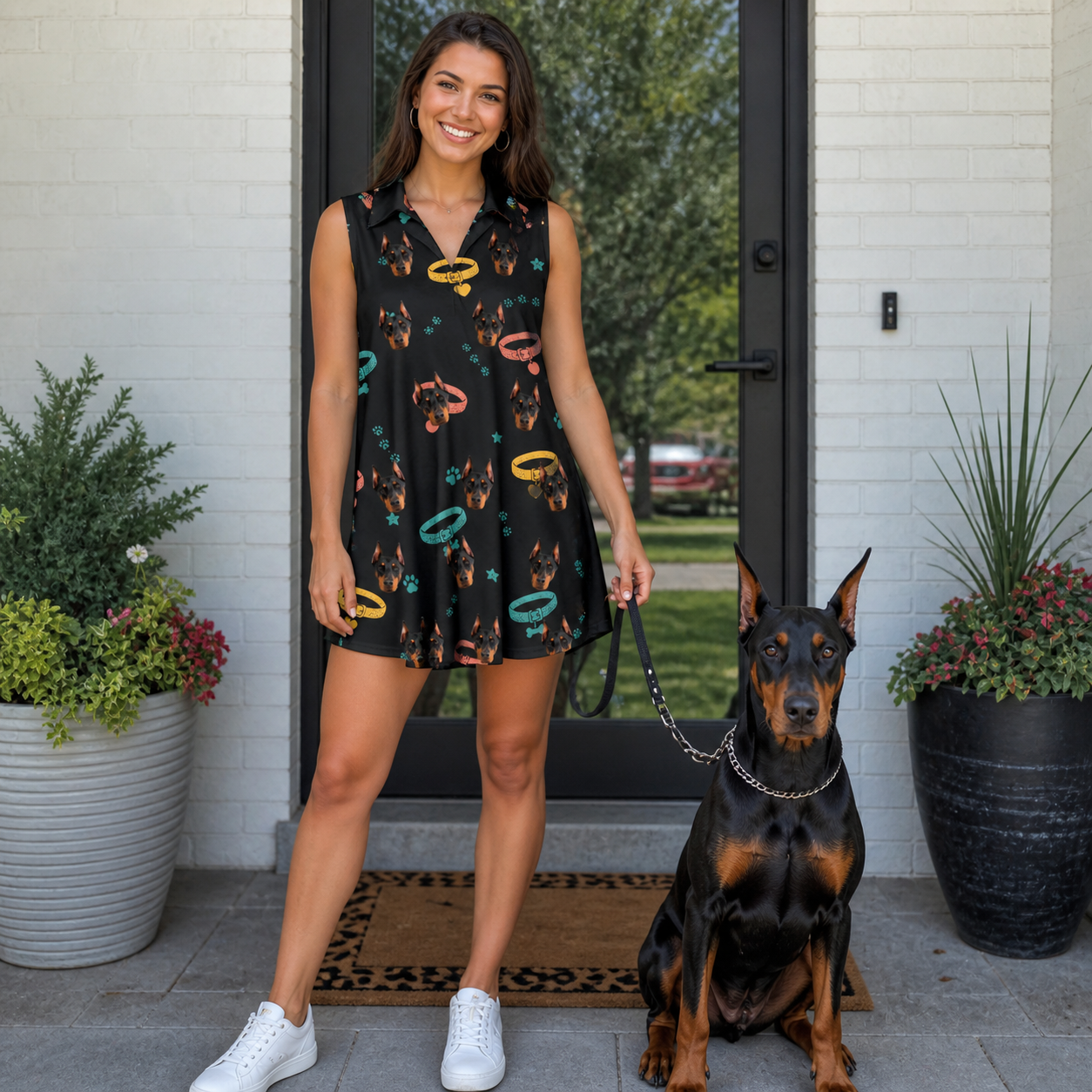 Full-length photo with the pet printed all over this Women's Bark Buckles Custom Dog Face V-Neck Dress