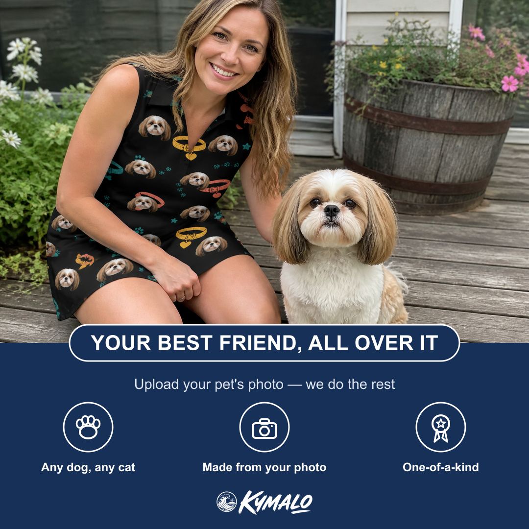 Friends in matching Women's Bark Buckles Custom Dog Face V-Neck Dress — a group gift photo