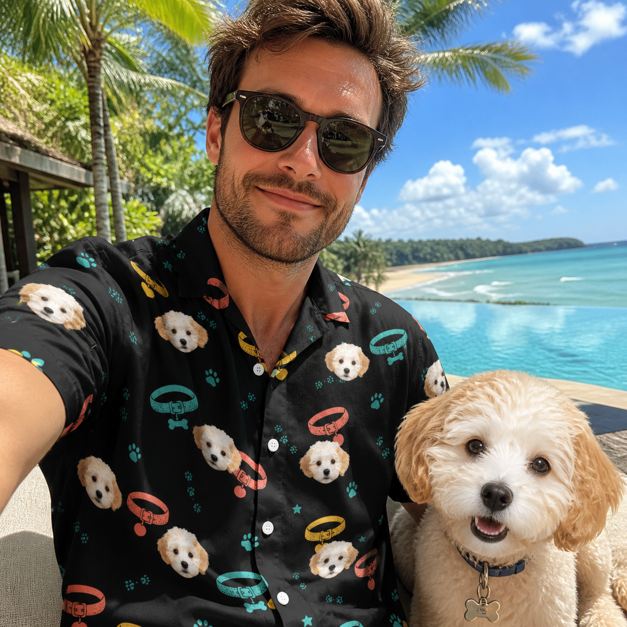 Selfie with the pet whose face is printed all over this Men's Bark Buckles Custom Dog Face Hawaiian Shirt