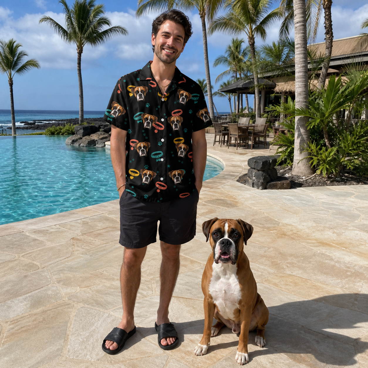 Full-length photo with the pet printed all over this Men's Bark Buckles Custom Dog Face Hawaiian Shirt