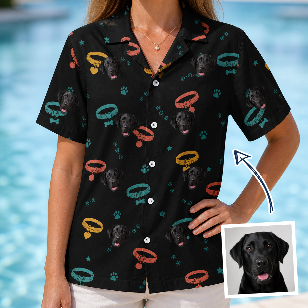 Woman wearing Women's Bark Buckles Custom Dog Face Hawaiian Shirt — custom faces printed all-over