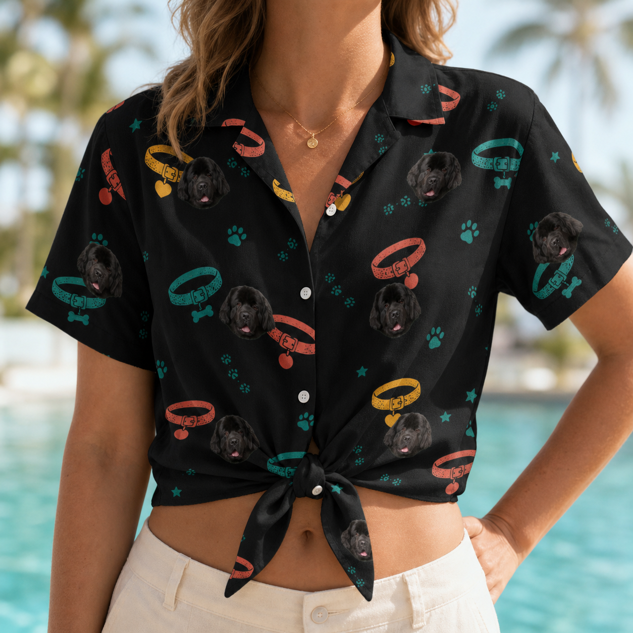 Woman wearing Women's Bark Buckles Custom Dog Face Hawaiian Shirt tied at the waist