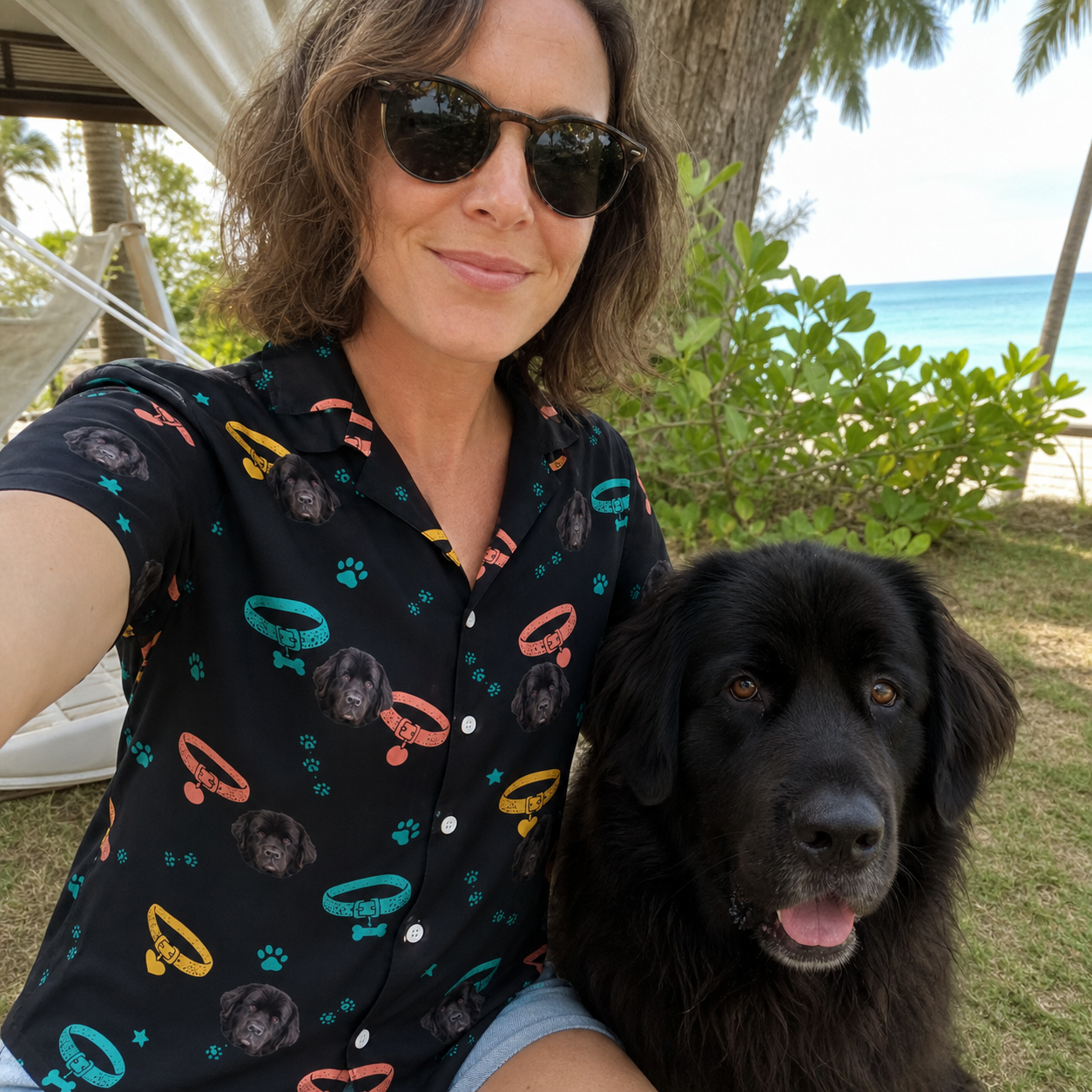 Selfie with the pet whose face is printed all over this Women's Bark Buckles Custom Dog Face Hawaiian Shirt