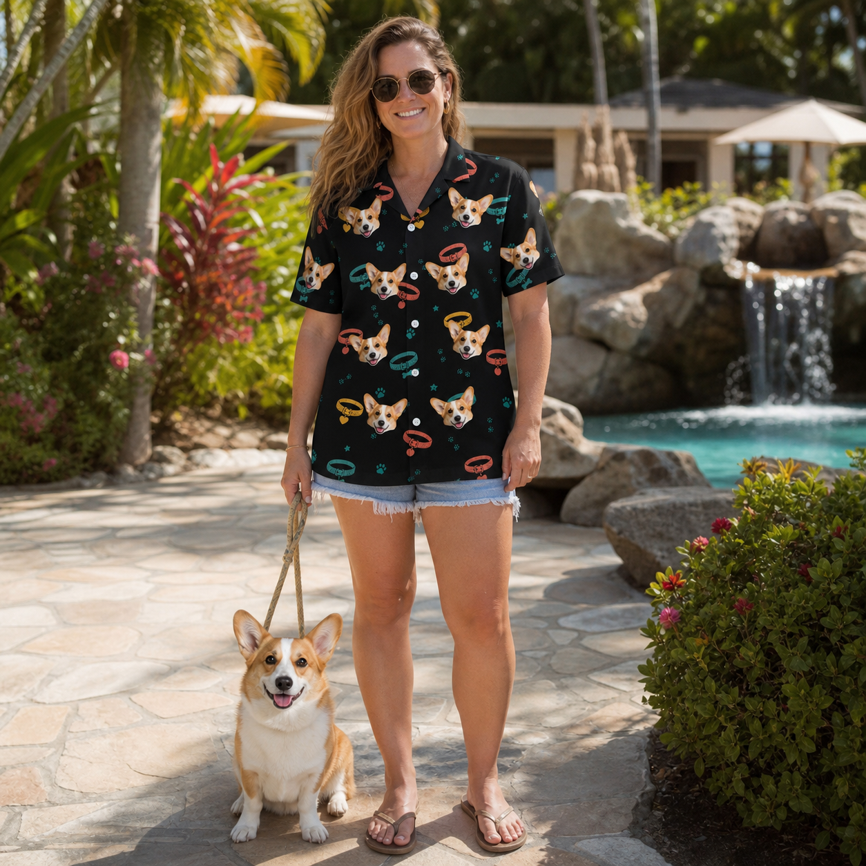 Full-length photo with the pet printed all over this Women's Bark Buckles Custom Dog Face Hawaiian Shirt
