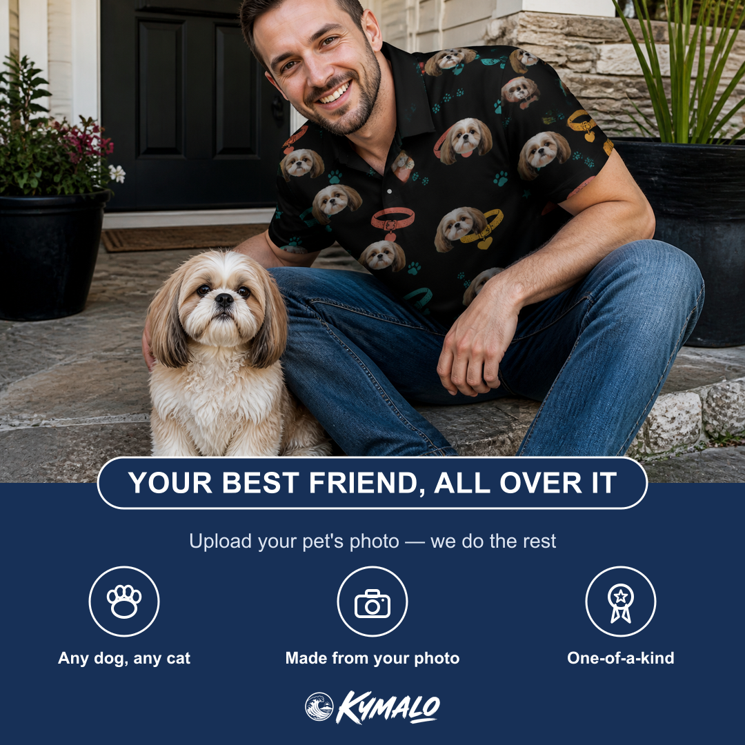 Friends in matching Men's Bark Buckles Custom Dog Face Polo Shirt — a group gift photo