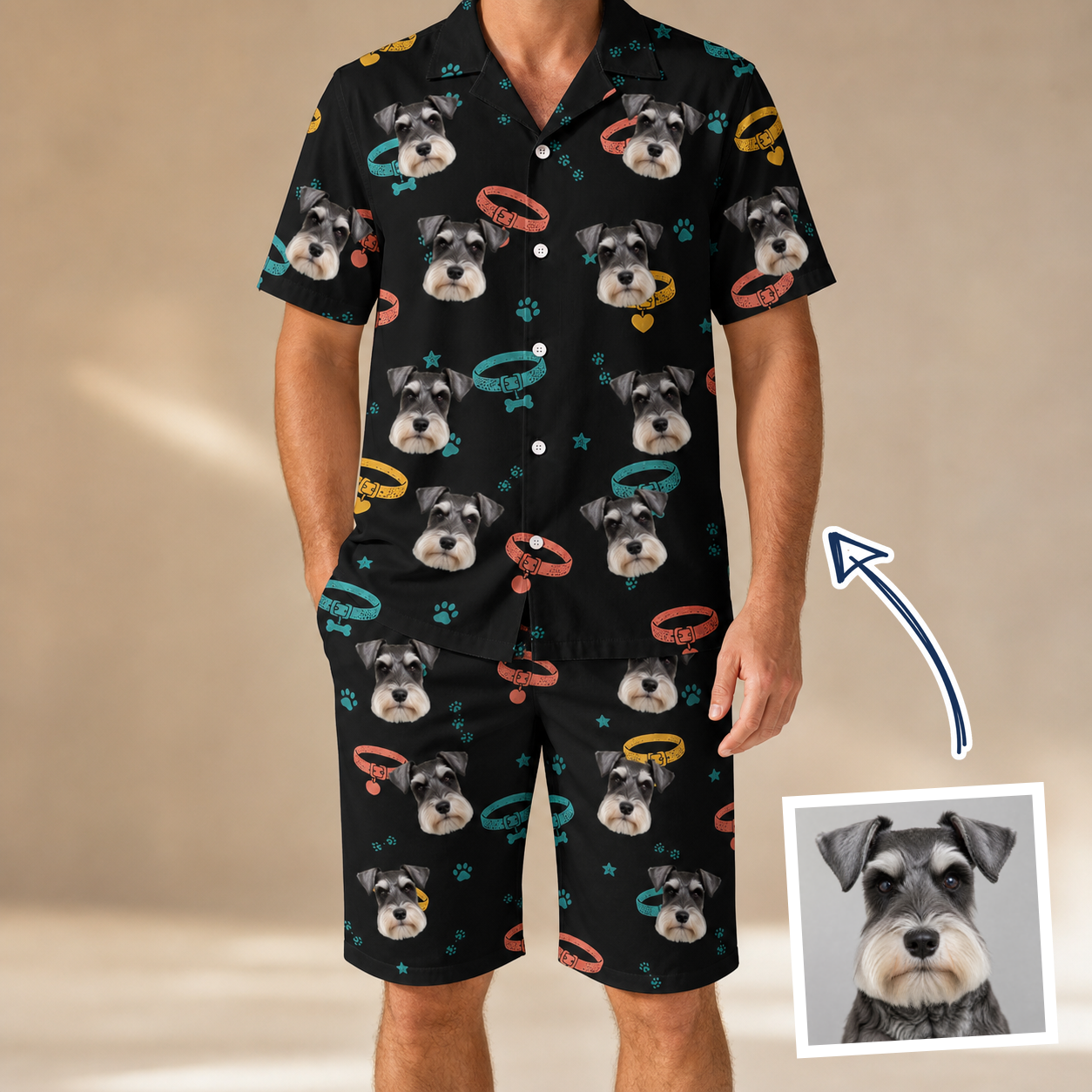 Man wearing Men's Bark Buckles Custom Dog Face Shirt & Shorts Set — custom faces printed all-over