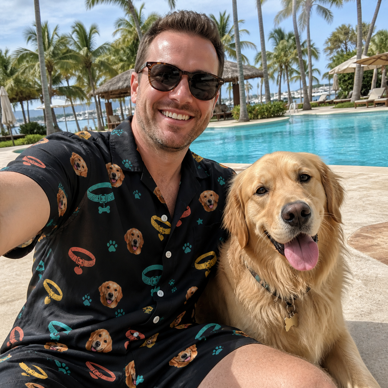Selfie with the pet whose face is printed all over this Men's Bark Buckles Custom Dog Face Shirt & Shorts Set