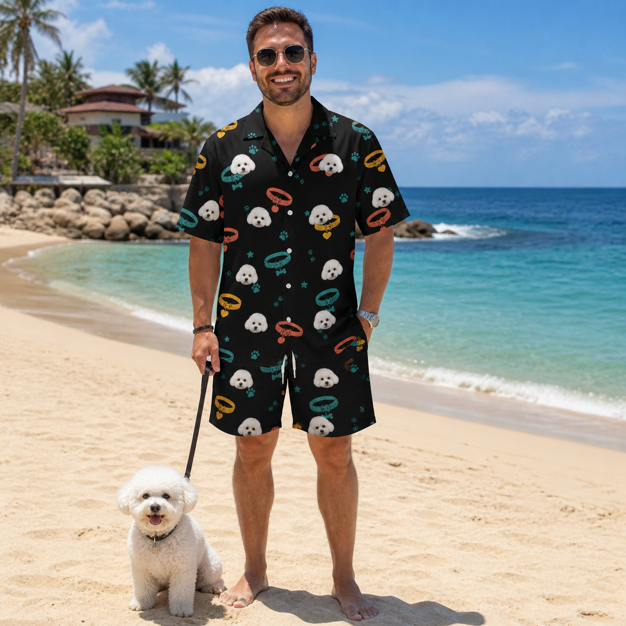 Full-length photo with the pet printed all over this Men's Bark Buckles Custom Dog Face Shirt & Shorts Set