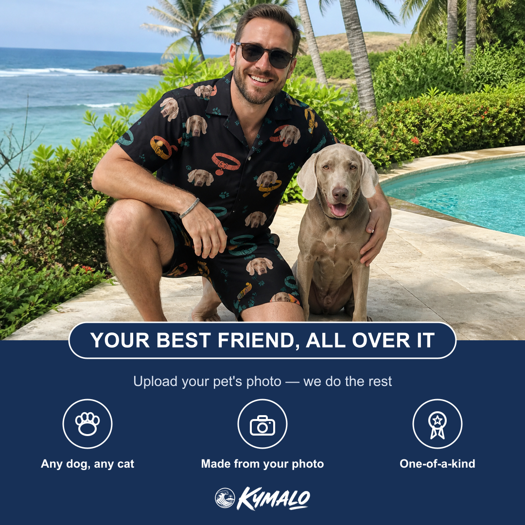 Friends in matching Men's Bark Buckles Custom Dog Face Shirt & Shorts Set — a group gift photo