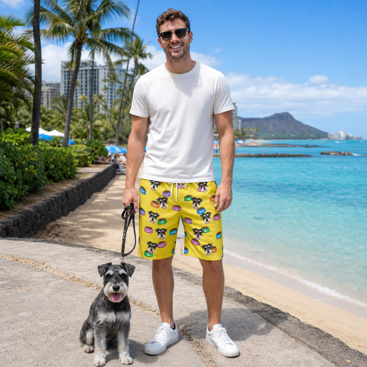 Full-length photo with the pet printed all over this Men's Chow Hounds Custom Dog Face Beach Shorts