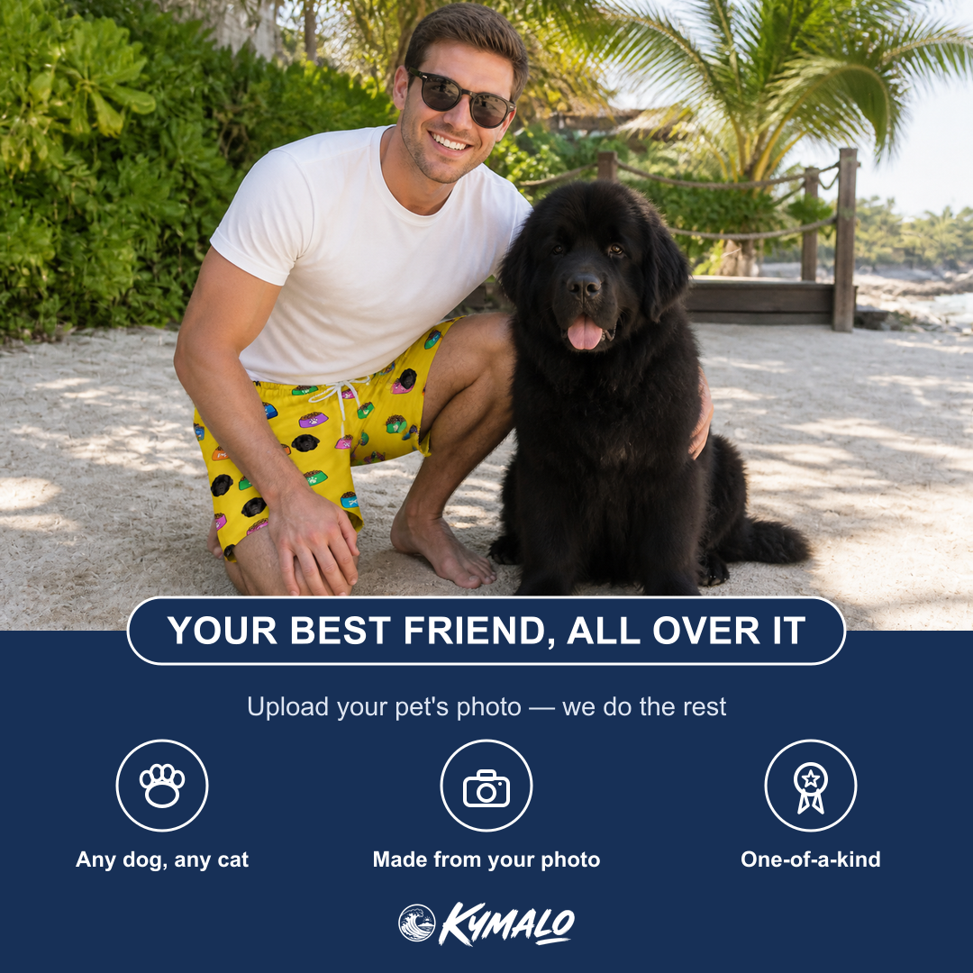 Friends in matching Men's Chow Hounds Custom Dog Face Beach Shorts — a group gift photo