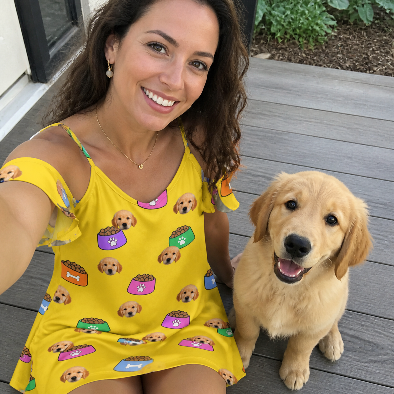 Selfie with the pet whose face is printed all over this Women's Chow Hounds Custom Dog Face Off-Shoulder Dress