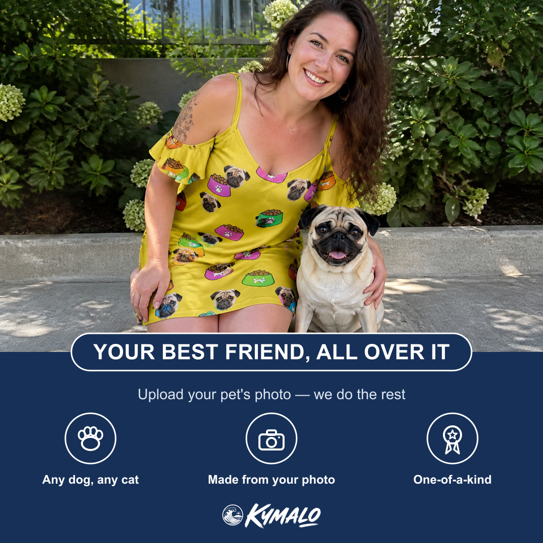 Friends in matching Women's Chow Hounds Custom Dog Face Off-Shoulder Dress — a group gift photo