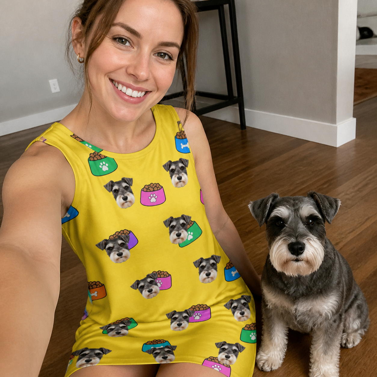 Selfie with the pet whose face is printed all over this Women's Chow Hounds Custom Dog Face Tank Dress