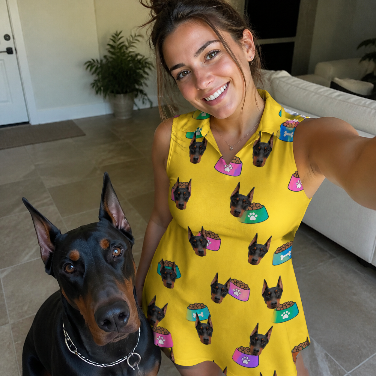 Selfie with the pet whose face is printed all over this Women's Chow Hounds Custom Dog Face V-Neck Dress