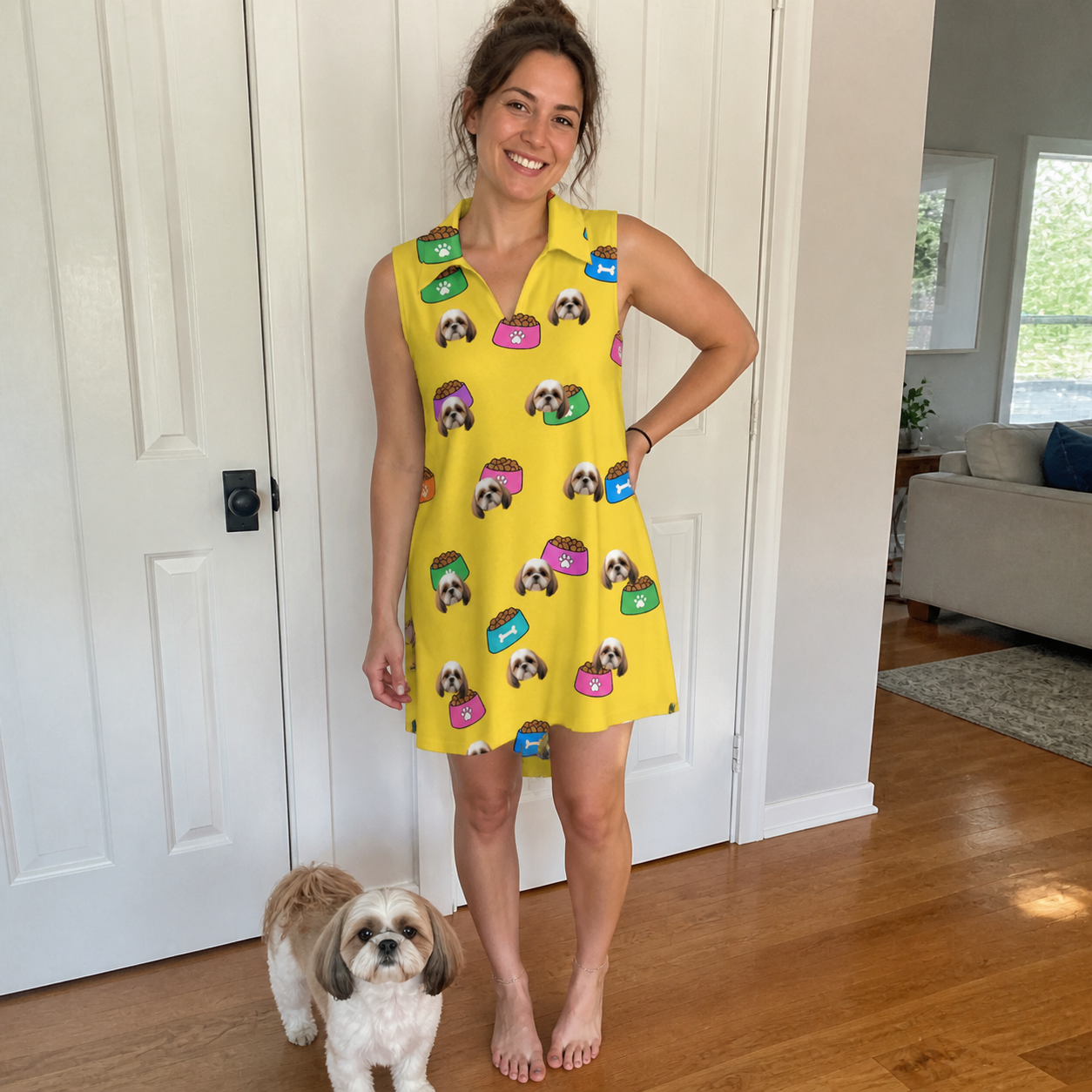 Full-length photo with the pet printed all over this Women's Chow Hounds Custom Dog Face V-Neck Dress