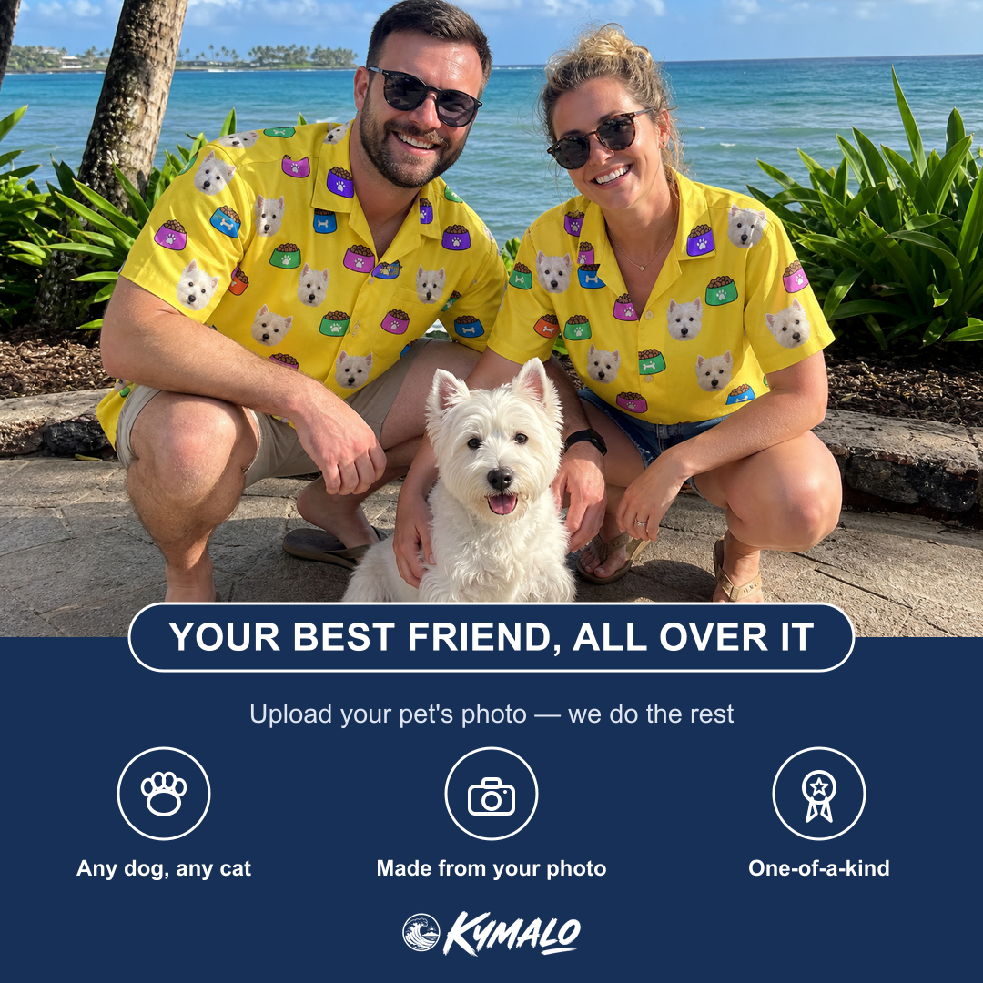 Friends in matching Men's Chow Hounds Custom Dog Face Hawaiian Shirt — a group gift photo