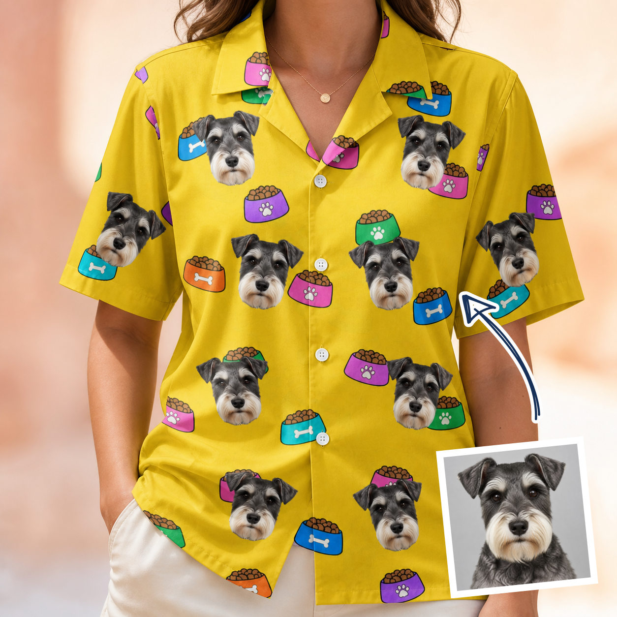Woman wearing Women's Chow Hounds Custom Dog Face Hawaiian Shirt — custom faces printed all-over