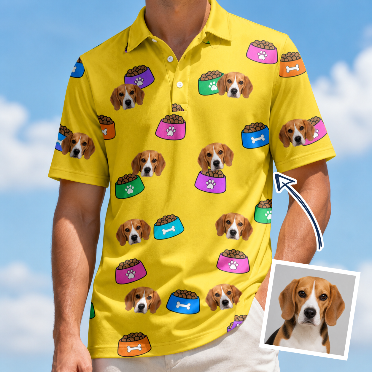 Man wearing Men's Chow Hounds Custom Dog Face Polo Shirt — custom faces printed all-over