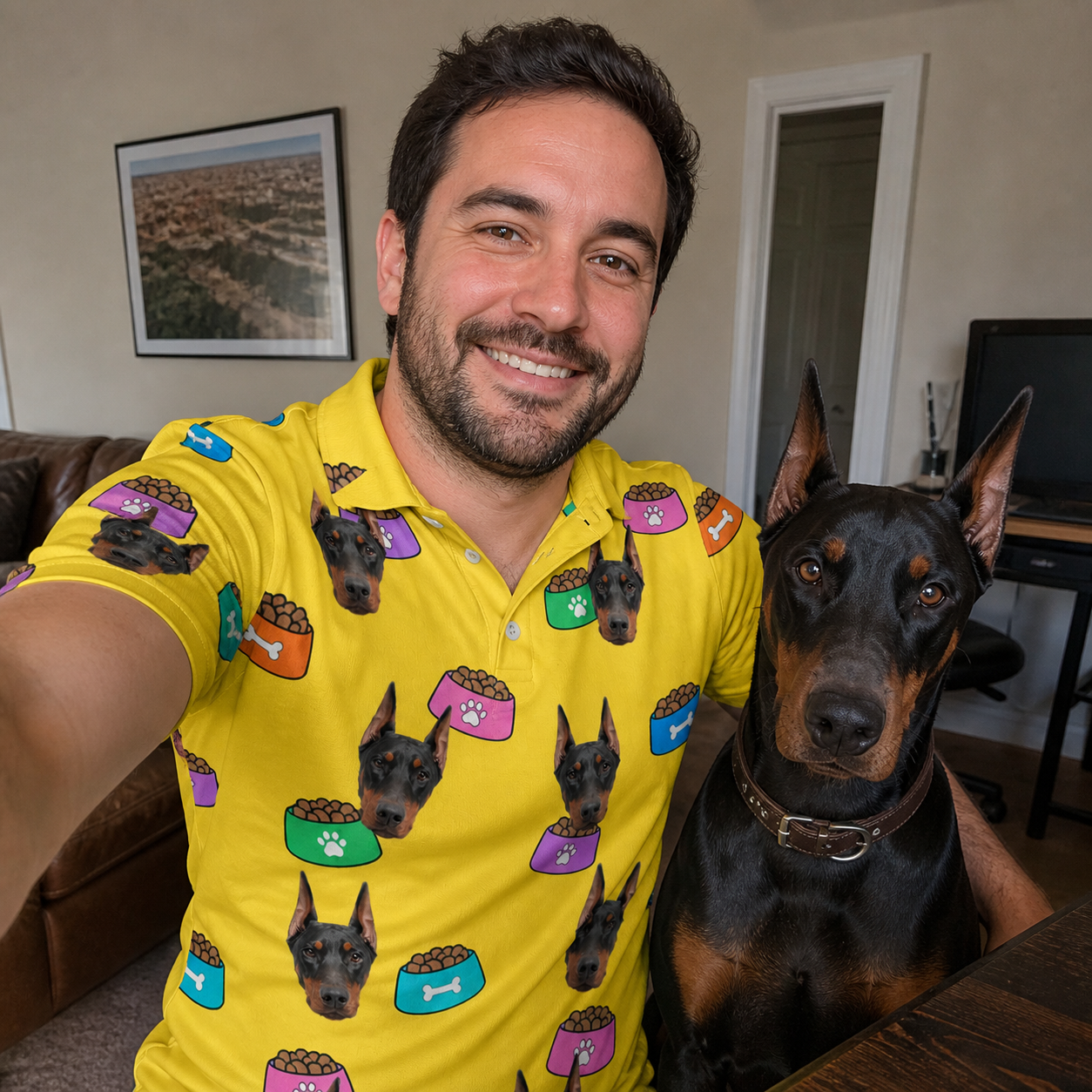 Selfie with the pet whose face is printed all over this Men's Chow Hounds Custom Dog Face Polo Shirt