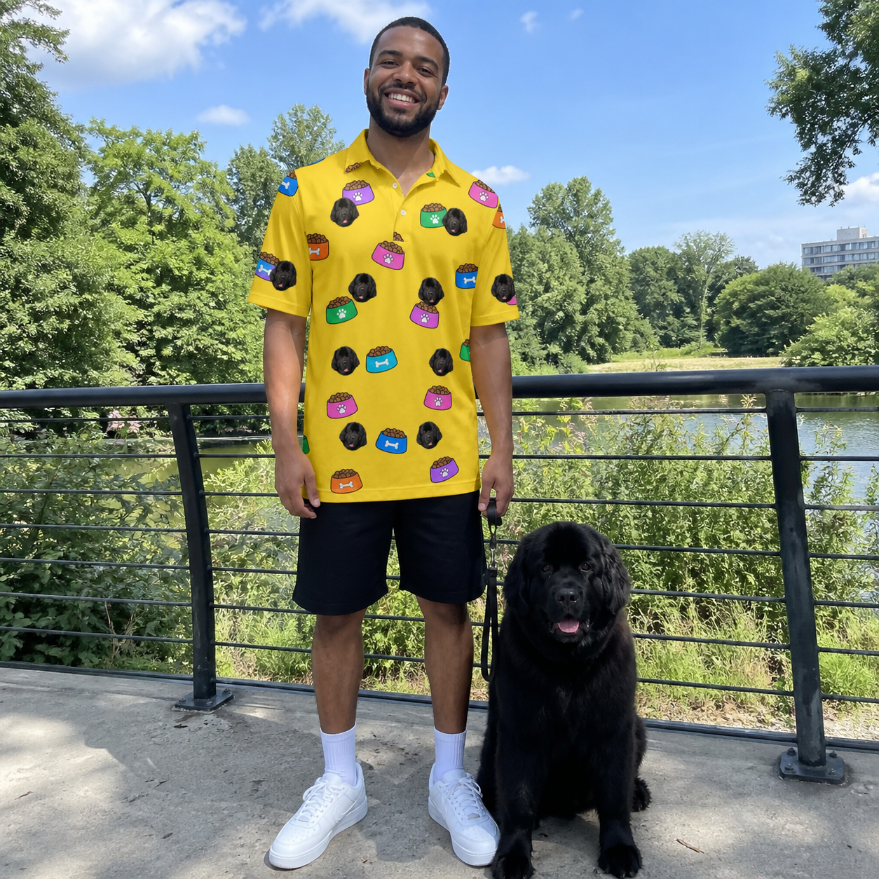Full-length photo with the pet printed all over this Men's Chow Hounds Custom Dog Face Polo Shirt