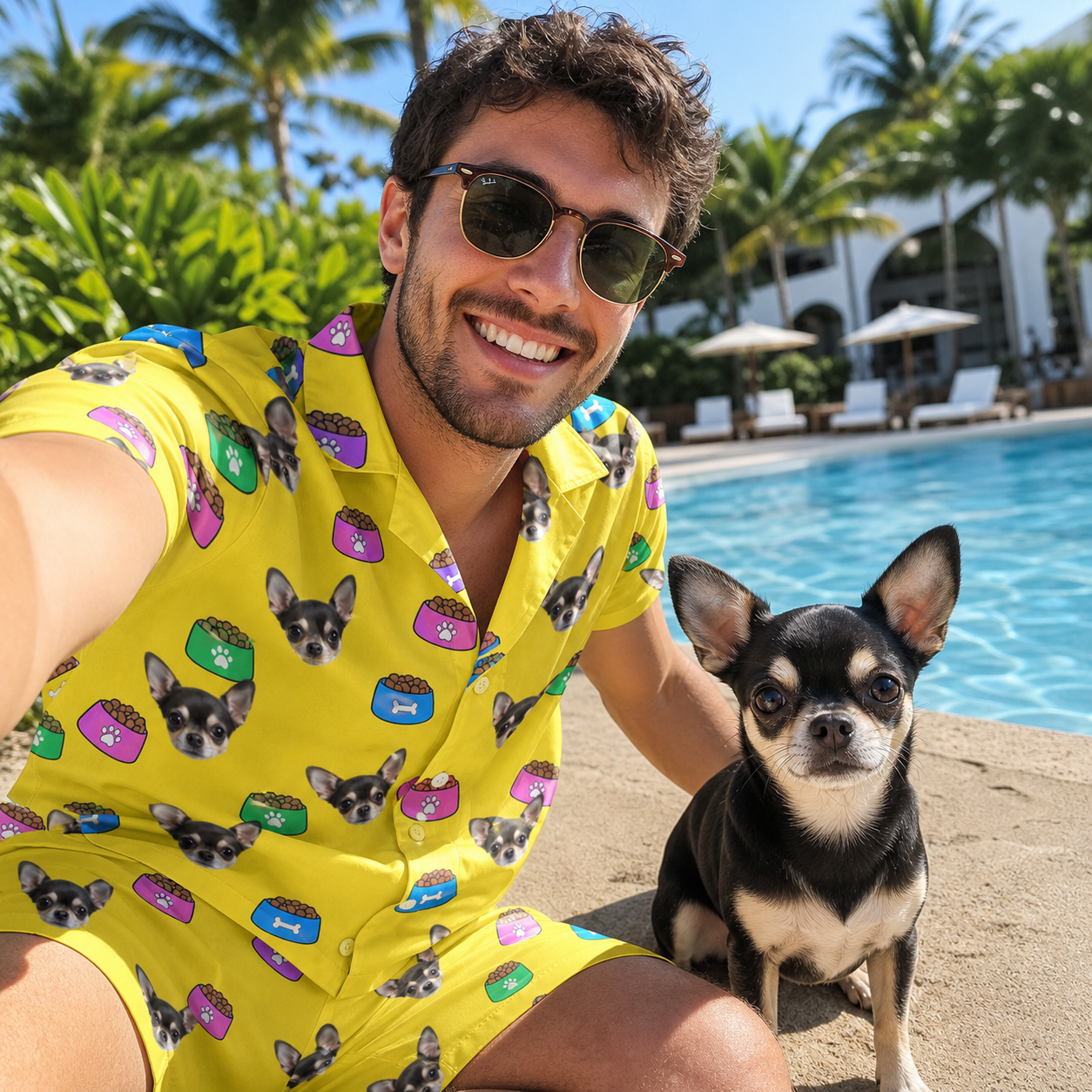 Selfie with the pet whose face is printed all over this Men's Chow Hounds Custom Dog Face Shirt & Shorts Set