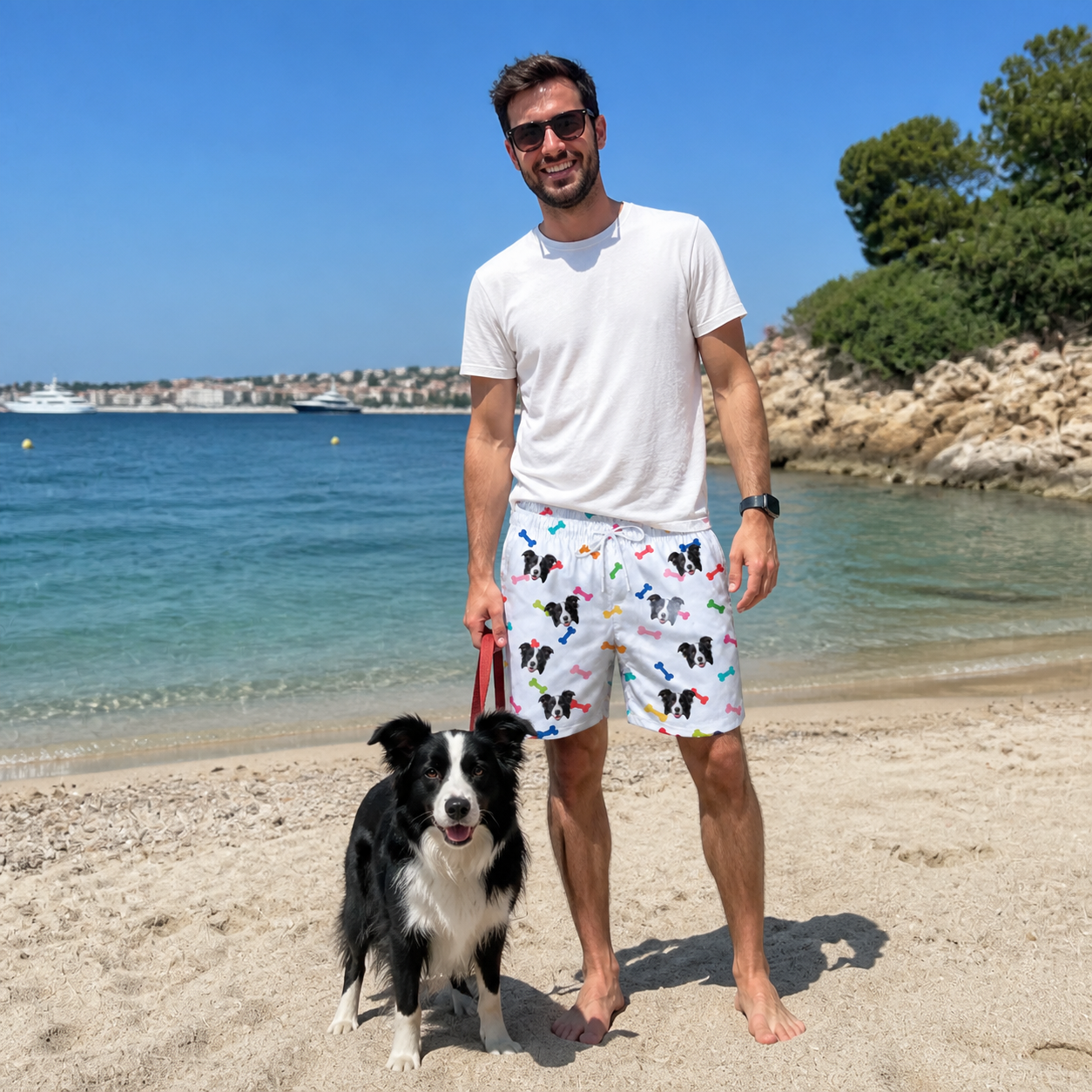Full-length photo with the pet printed all over this Men's Gnawvana Grove Custom Dog Face Beach Shorts