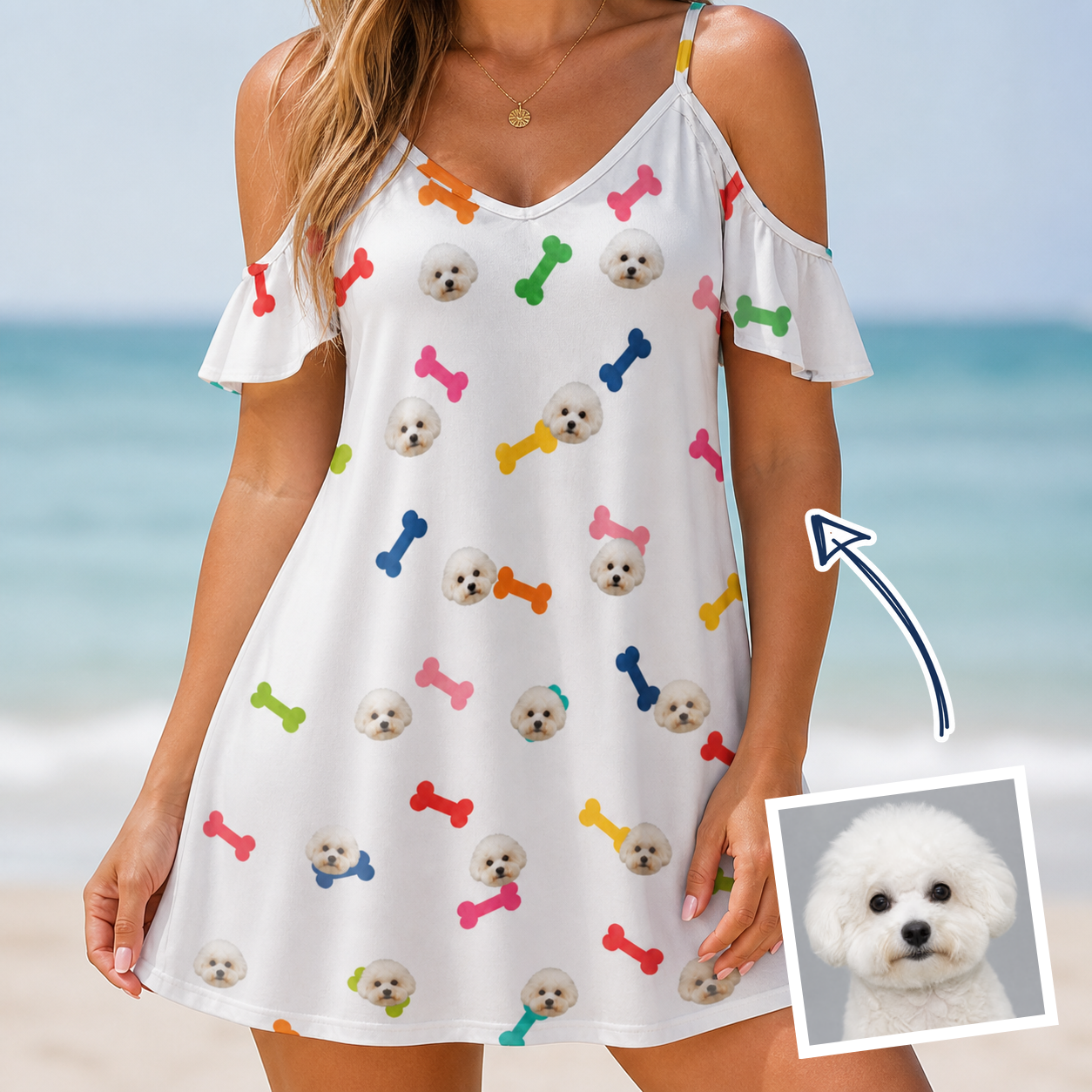 Woman wearing Women's Gnawvana Grove Custom Dog Face Off-Shoulder Dress — custom faces printed all-over
