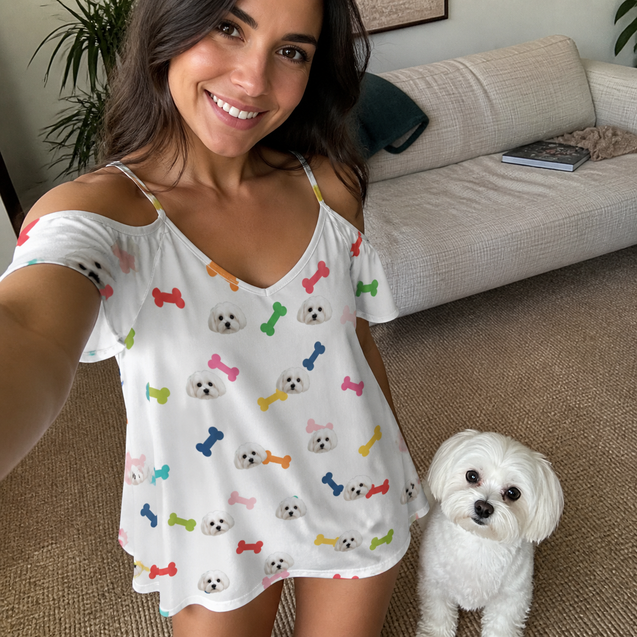 Selfie with the pet whose face is printed all over this Women's Gnawvana Grove Custom Dog Face Off-Shoulder Dress