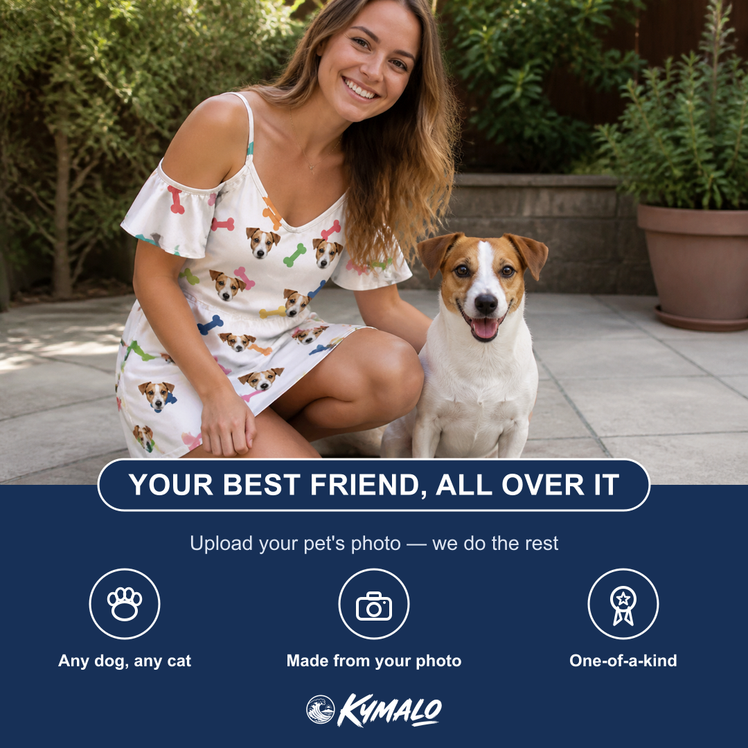Friends in matching Women's Gnawvana Grove Custom Dog Face Off-Shoulder Dress — a group gift photo