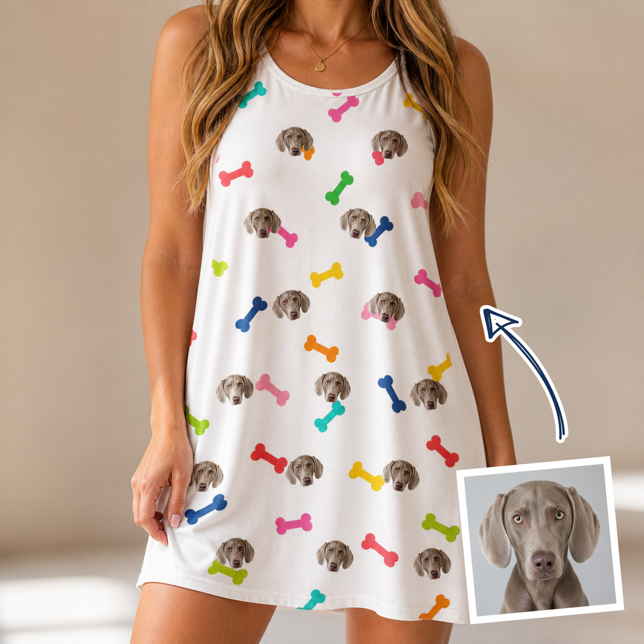 Woman wearing Women's Gnawvana Grove Custom Dog Face Tank Dress — custom faces printed all-over