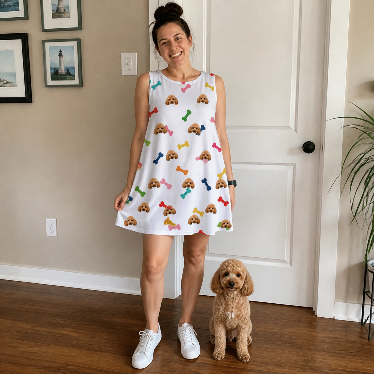 Full-length photo with the pet printed all over this Women's Gnawvana Grove Custom Dog Face Tank Dress