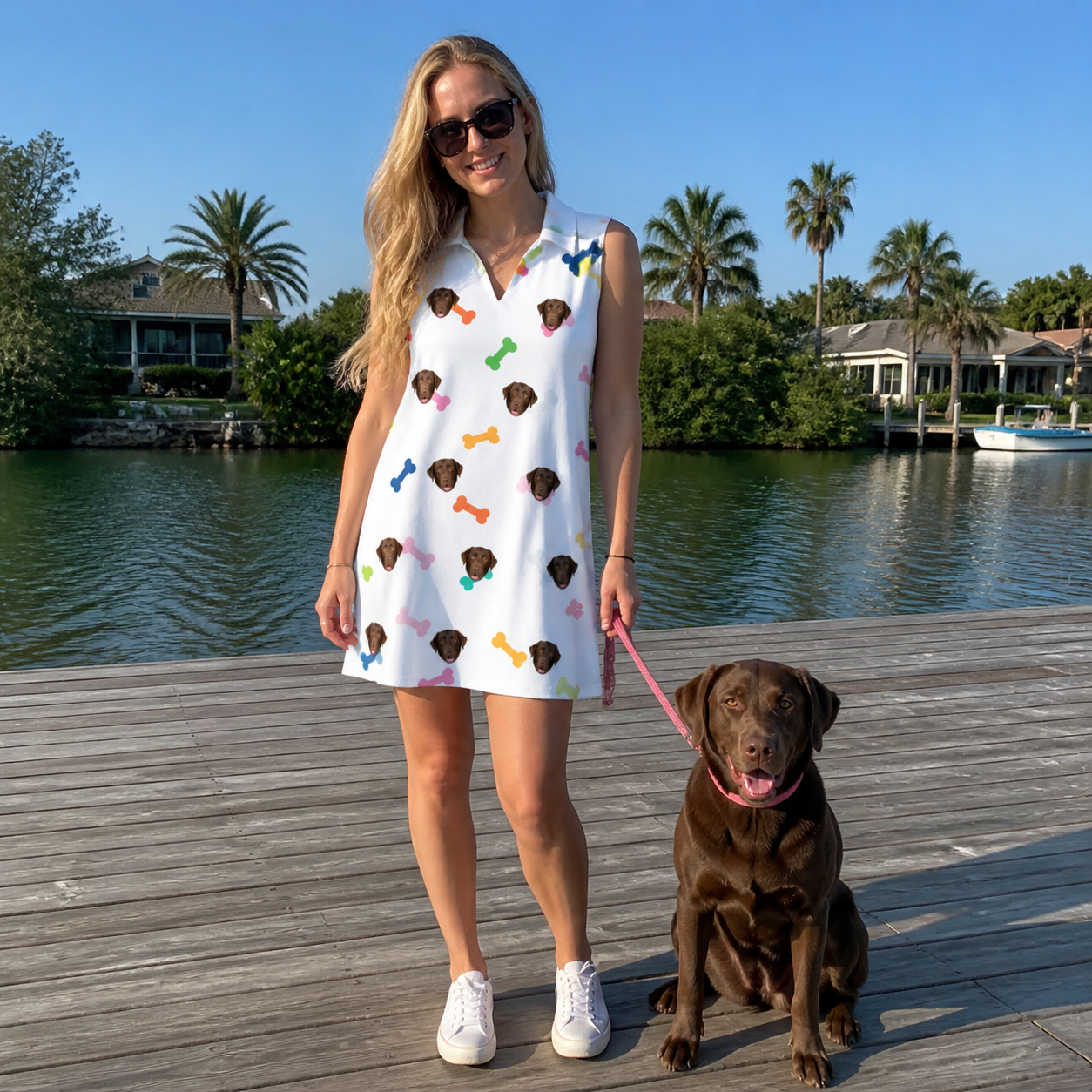 Full-length photo with the pet printed all over this Women's Gnawvana Grove Custom Dog Face V-Neck Dress