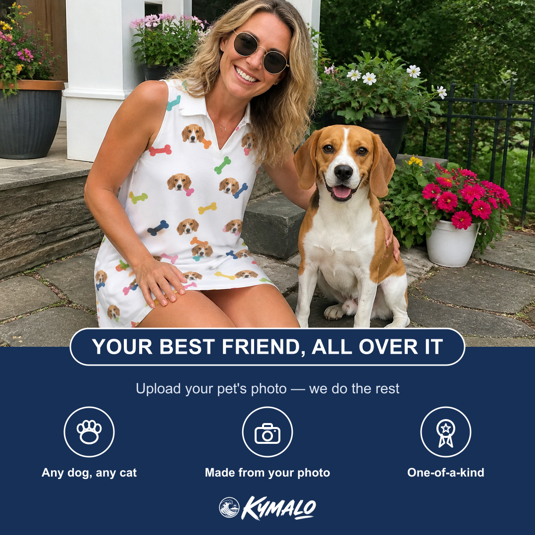Friends in matching Women's Gnawvana Grove Custom Dog Face V-Neck Dress — a group gift photo