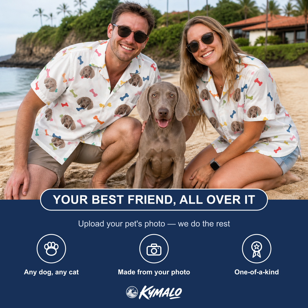 Friends in matching Men's Gnawvana Grove Custom Dog Face Hawaiian Shirt — a group gift photo