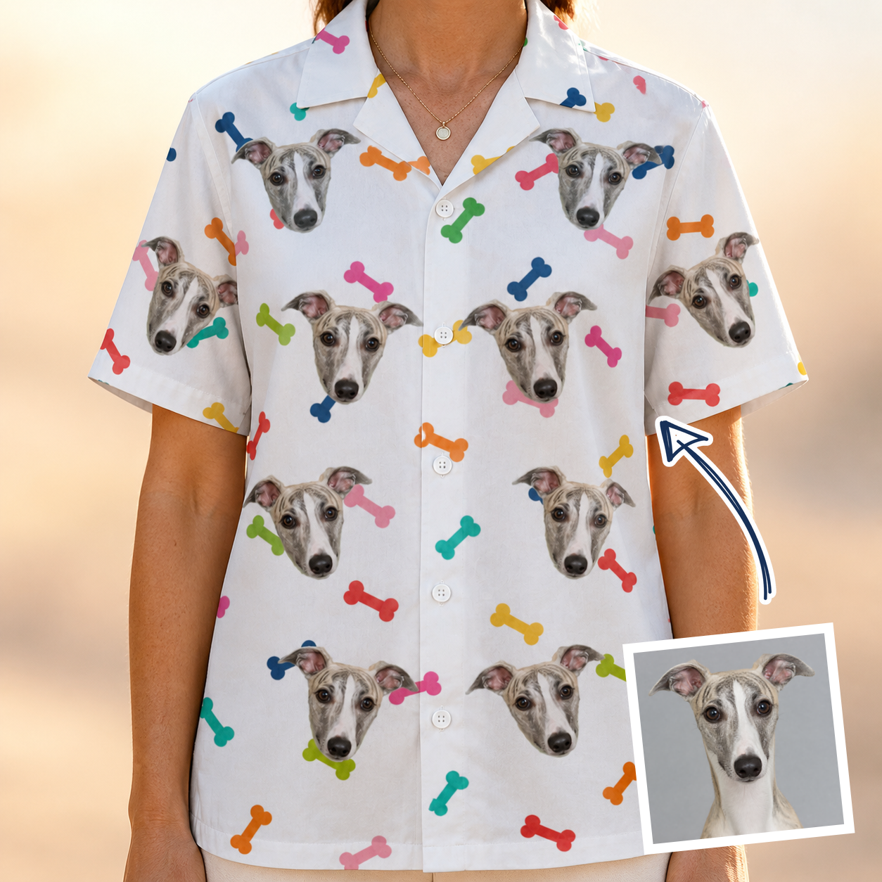 Woman wearing Women's Gnawvana Grove Custom Dog Face Hawaiian Shirt — custom faces printed all-over